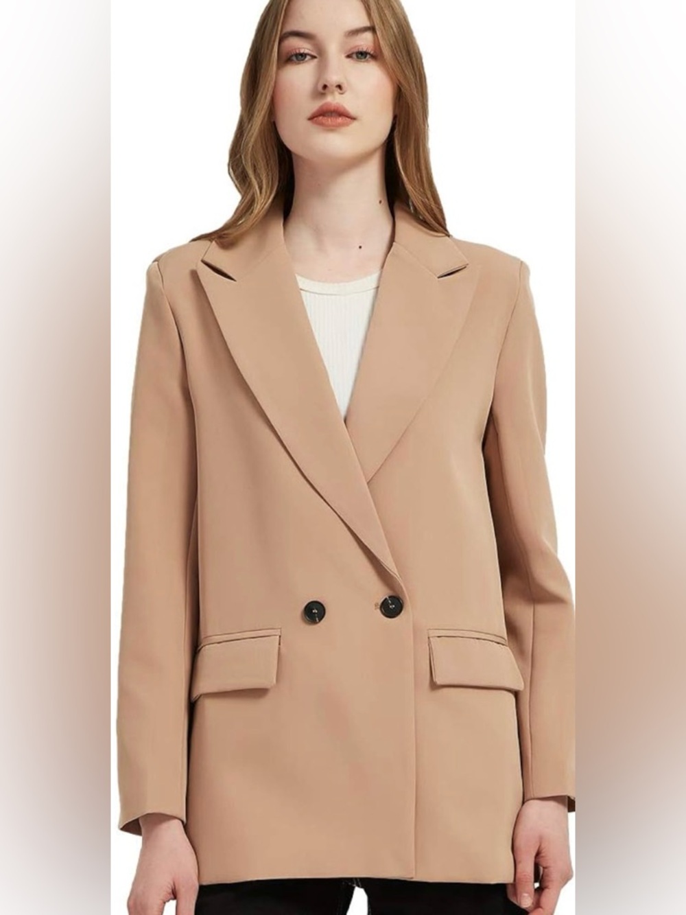 Amazon Classic Double-Breasted Women's Blazer Coat in Camel
